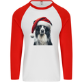 Christmas Border Collie Wearing an Xmas Hat Dog Mens L/S Baseball T-Shirt White/Red