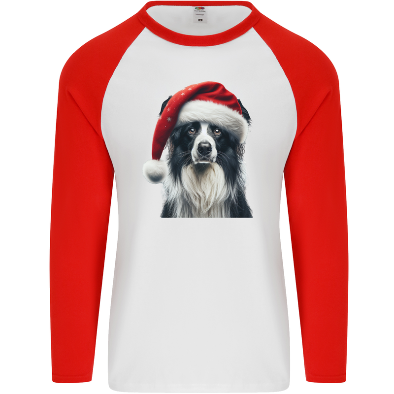 Christmas Border Collie Wearing an Xmas Hat Dog Mens L/S Baseball T-Shirt White/Red