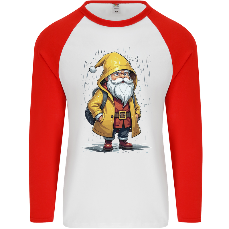 Santa Raincoat Christmas Rainy Season Santa Mens L/S Baseball T-Shirt White/Red