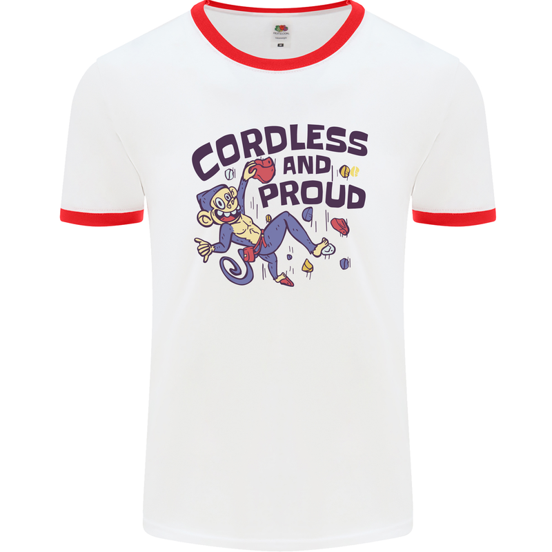 Cordless & Proud Rock Climbing Monkey Mens Ringer T-Shirt White/Red