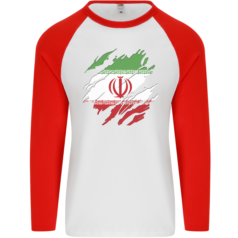 Torn Iran Flag Iranian Day Football Mens L/S Baseball T-Shirt White/Red