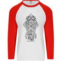 Black Mandala Art Elephant Mens L/S Baseball T-Shirt White/Red