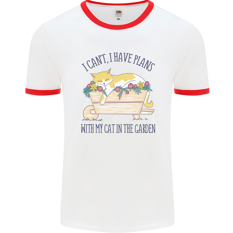 Plans With My Cat in the Garden Gardener Mens Ringer T-Shirt White/Red