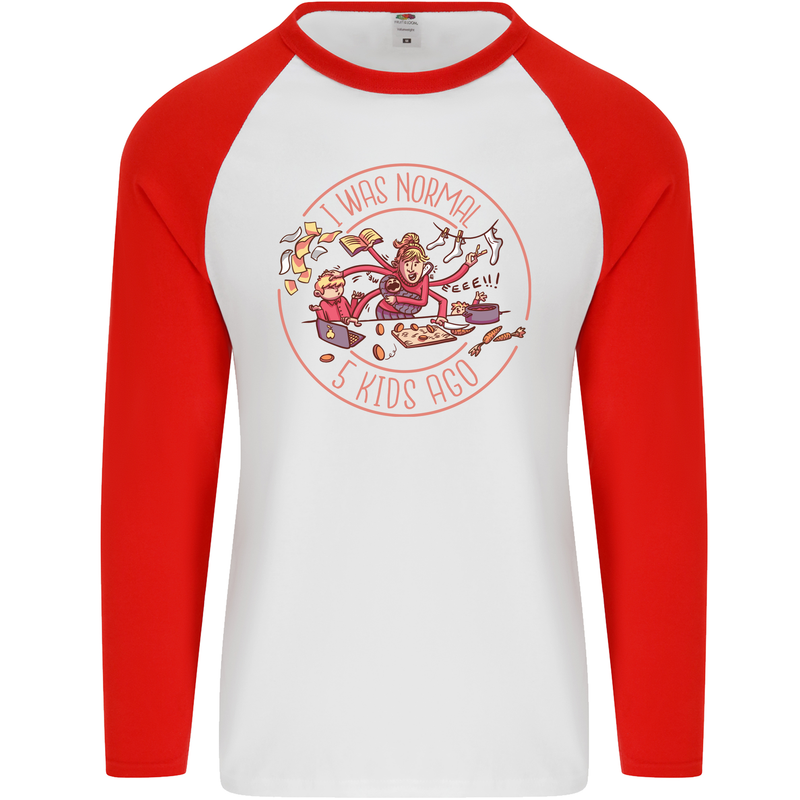 Mother's Day I Was Normal Five Kids Ago Mens L/S Baseball T-Shirt White/Red