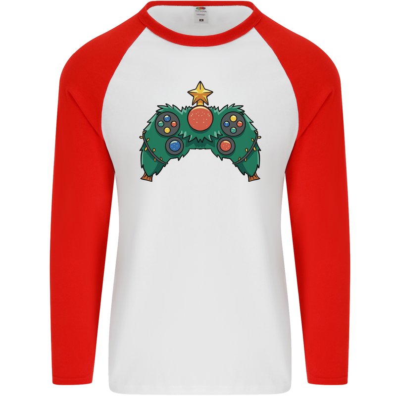 Christmas Tree Video Game Controller Joypad Xmas Mens L/S Baseball T-Shirt White/Red