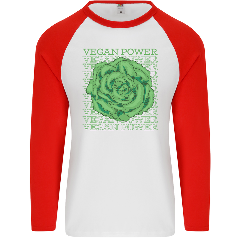 Vegan Power Mens L/S Baseball T-Shirt White/Red