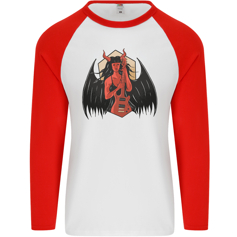 Devil Woman Guitar Death Heavy Metal Rock Mens L/S Baseball T-Shirt White/Red
