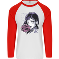 Anime Girl With Flowers Mens L/S Baseball T-Shirt White/Red