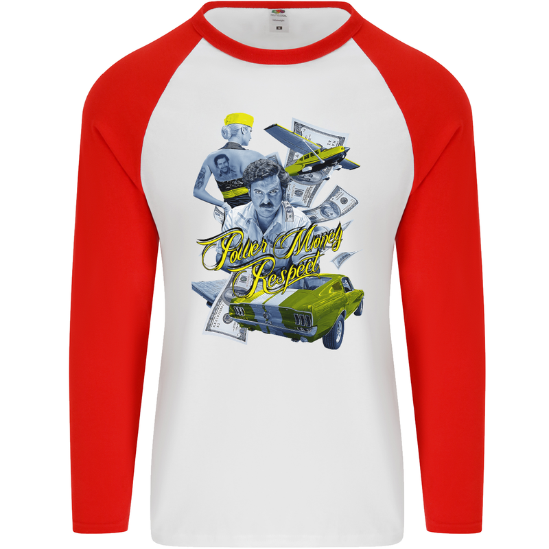Pablo Escobar Power Money Respect Mens L/S Baseball T-Shirt White/Red