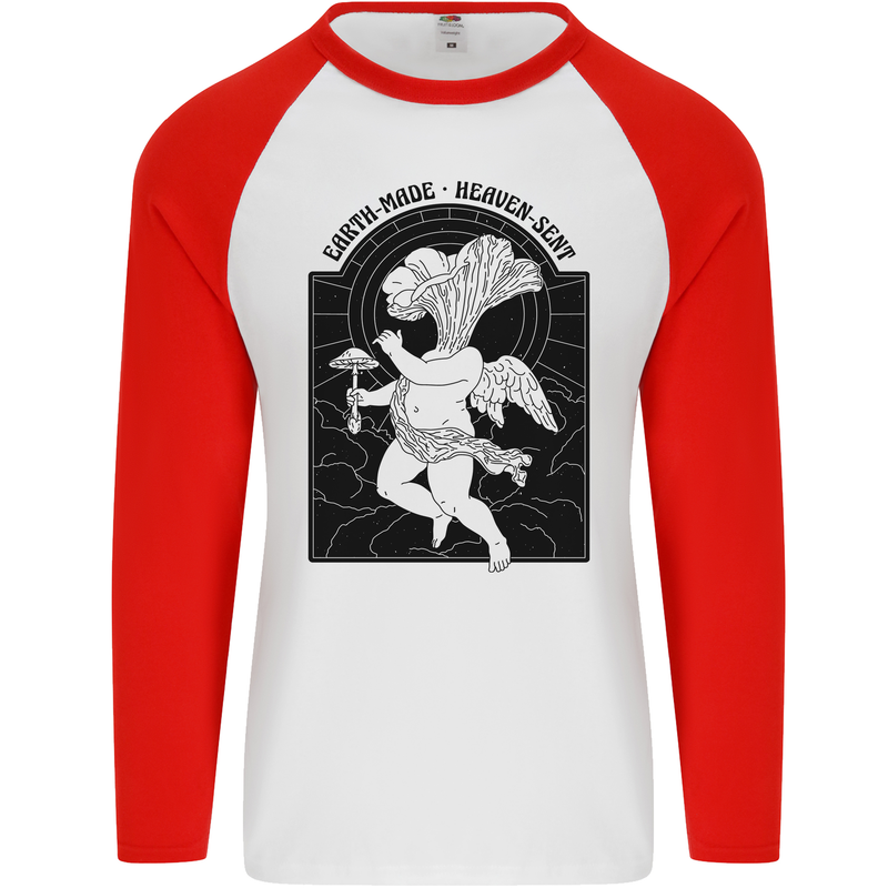 Mushrooms Earth Made Heaven Sent Fungi Mens L/S Baseball T-Shirt White/Red