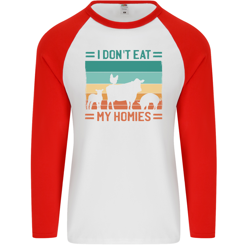 I Don't Eat My Homies Funny Vegan Vegetarian Mens L/S Baseball T-Shirt White/Red