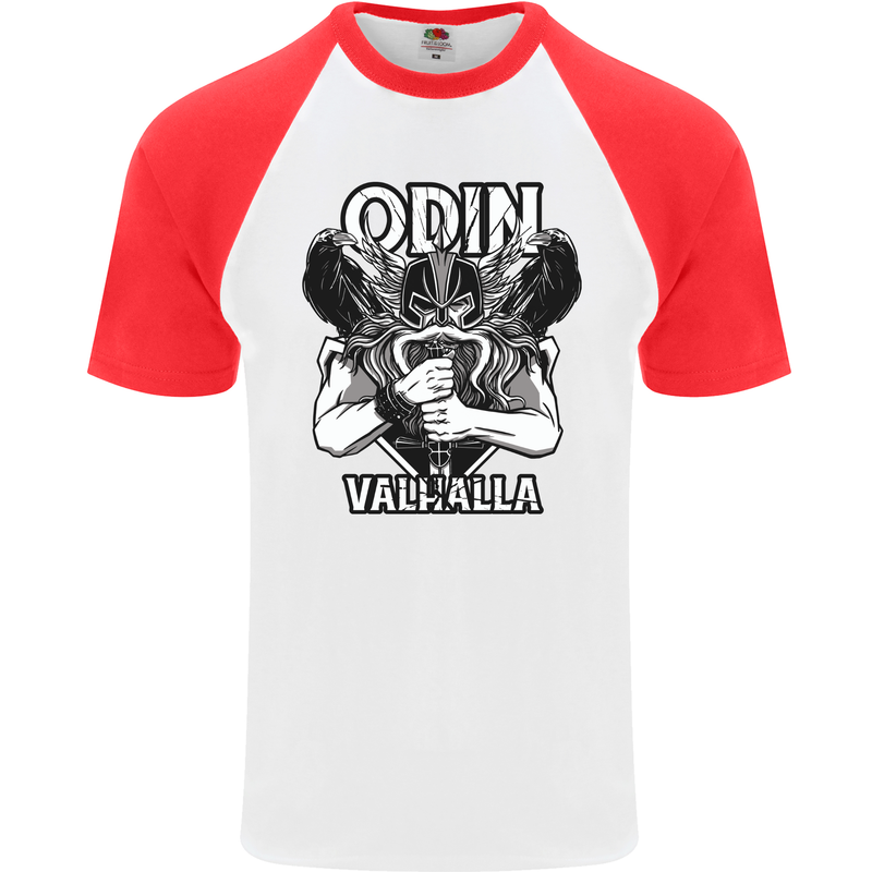 Odin Valhalla Viking Warrior Mens S/S Baseball T-Shirt White/Red