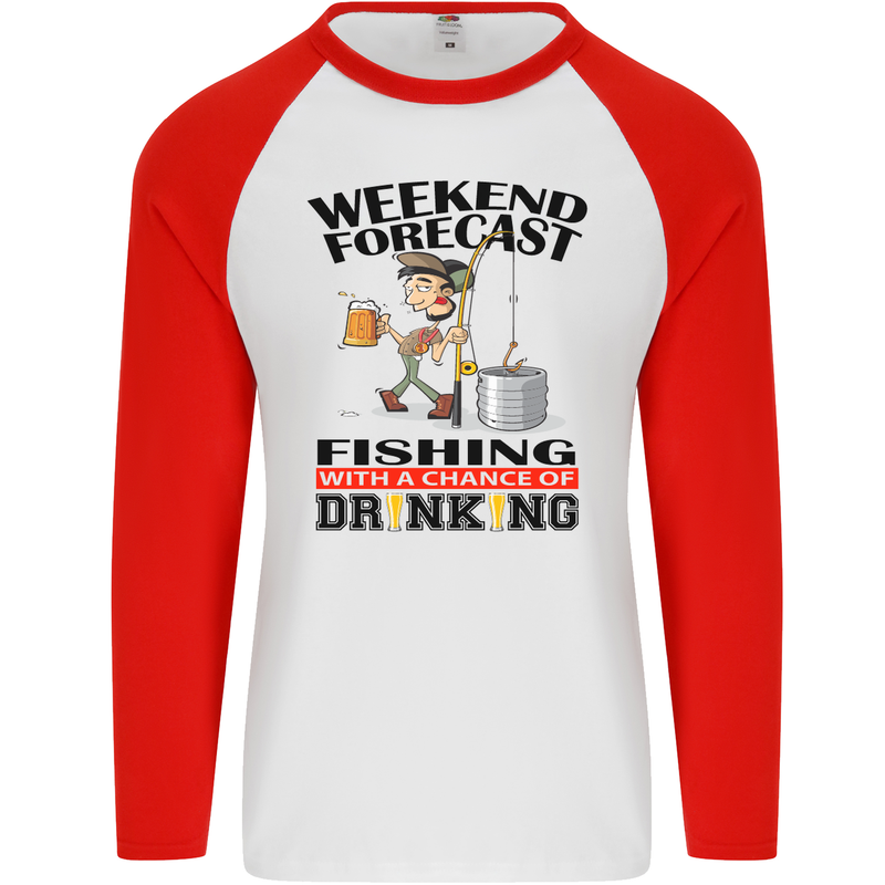 Fishing Fisherman Forecast Alcohol Beer Mens L/S Baseball T-Shirt White/Red
