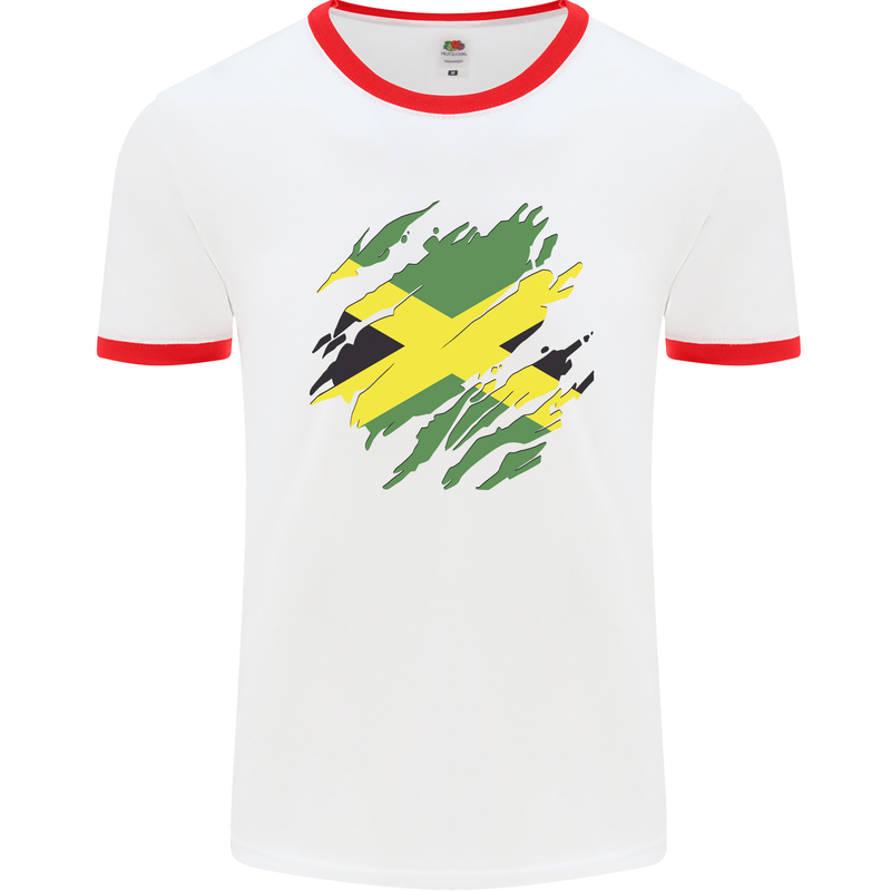 Torn Jamaican Flag Jamaica Day Football Mens Ringer T-Shirt White/Red