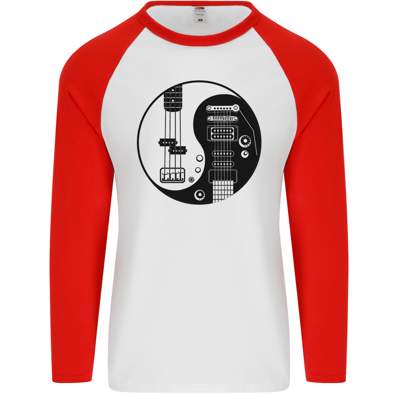 Ying Yang Guitar Guitarist Electric Bass Mens L/S Baseball T-Shirt White/Red