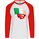 Curled Italy Flag Italians Day Football Mens L/S Baseball T-Shirt White/Red