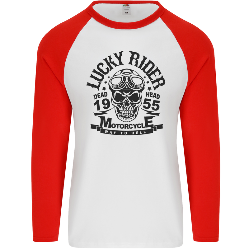 Lucky Rider Dead Head Motorbike Biker Mens L/S Baseball T-Shirt White/Red