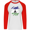 Torn Lesotho Flag Basotho Day Football Mens L/S Baseball T-Shirt White/Red