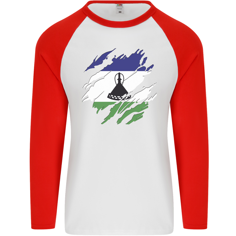 Torn Lesotho Flag Basotho Day Football Mens L/S Baseball T-Shirt White/Red
