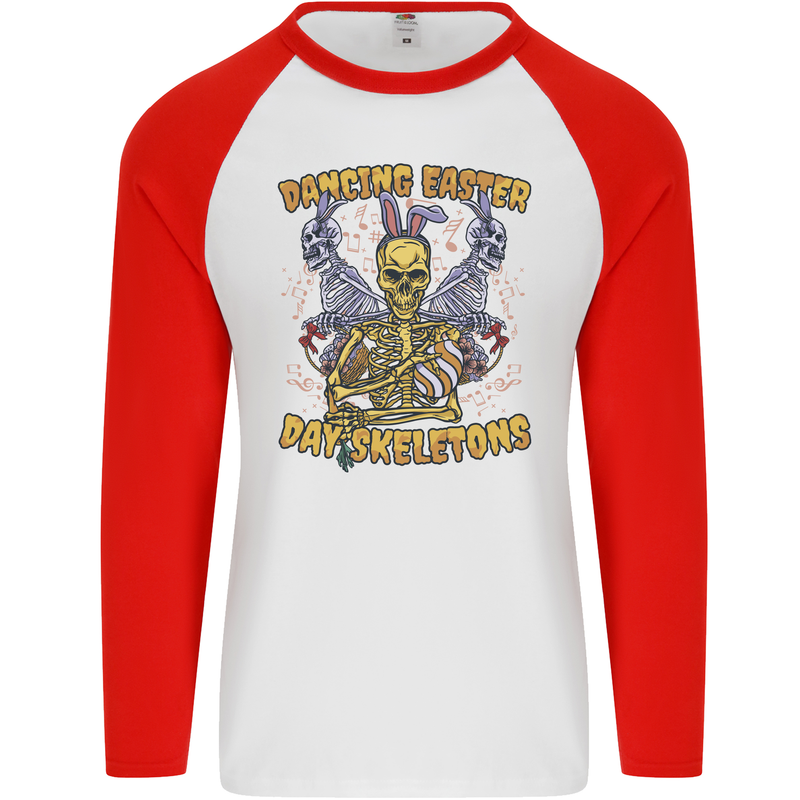 Dancing Easter Day Skeletons Skulls Mens L/S Baseball T-Shirt White/Red