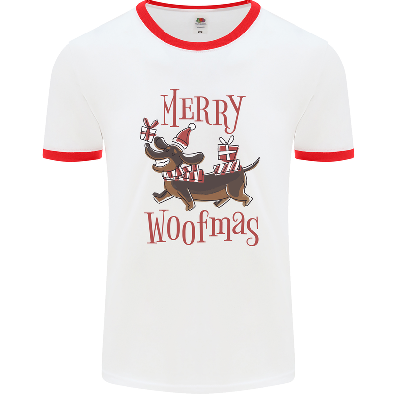 Merry Woofmas Funny Xmas Dog Mens Ringer T-Shirt White/Red