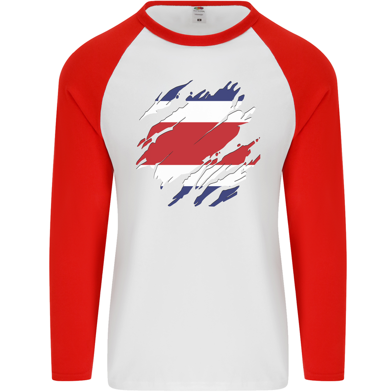 Torn Costa Rica Flag Rican Day Football Mens L/S Baseball T-Shirt White/Red