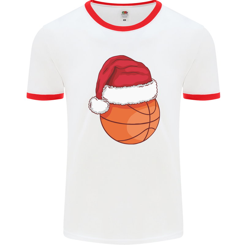 A Basketball Wearing a Christmas Hat Xmas Mens Ringer T-Shirt White/Red