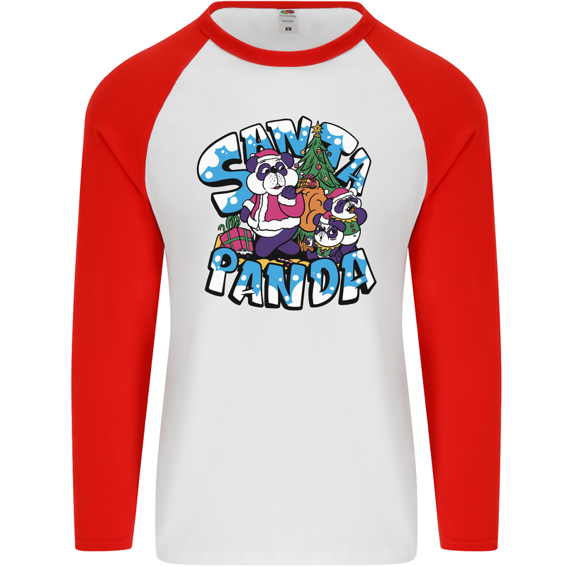 Funny Christmas Santa Panda Mens L/S Baseball T-Shirt White/Red