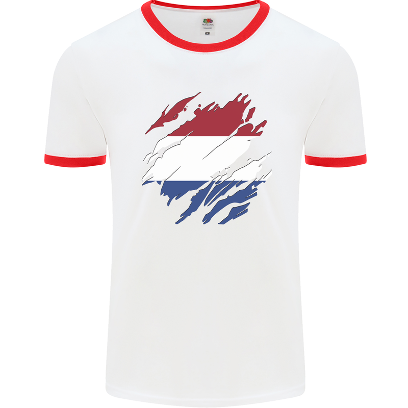 Torn Netherlands Flag Holland Dutch Day Football Mens Ringer T-Shirt White/Red