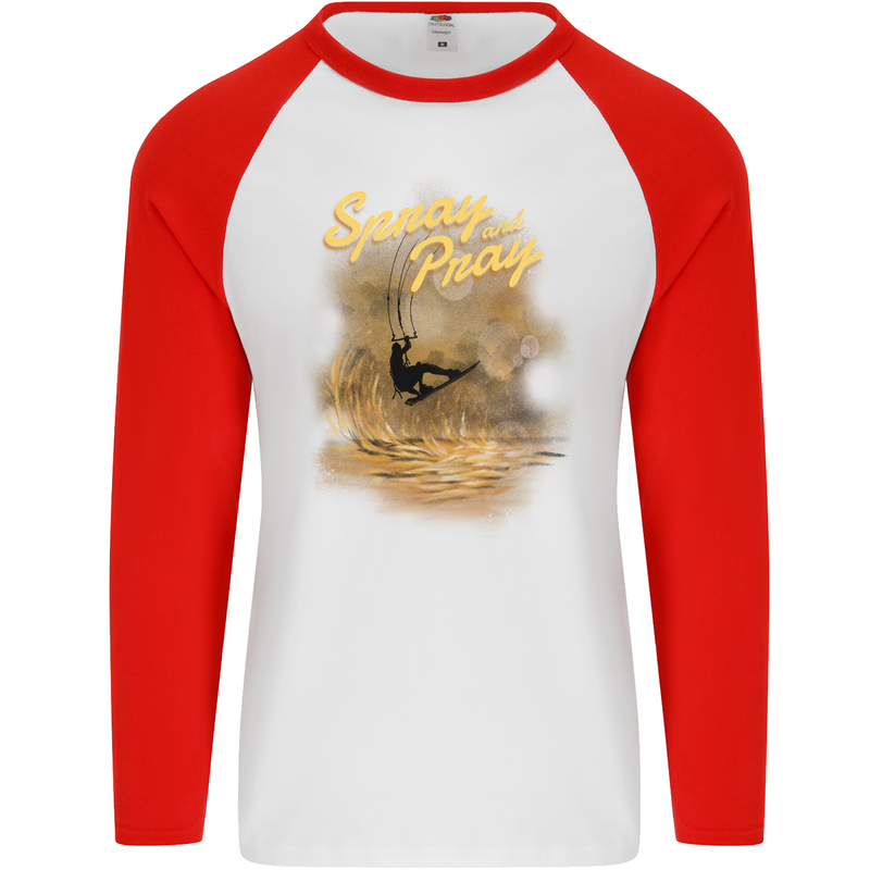 Kitesurfing Spray and Pray Mens L/S Baseball T-Shirt White/Red