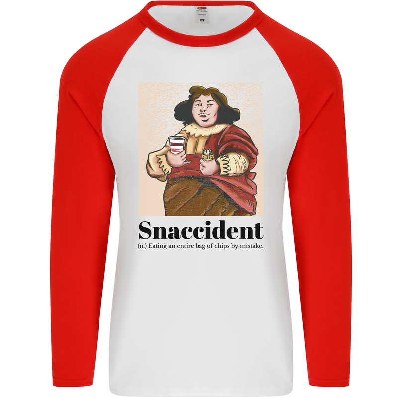 Snaccident Funny Junk Food Diet Weight Loss Mens L/S Baseball T-Shirt White/Red