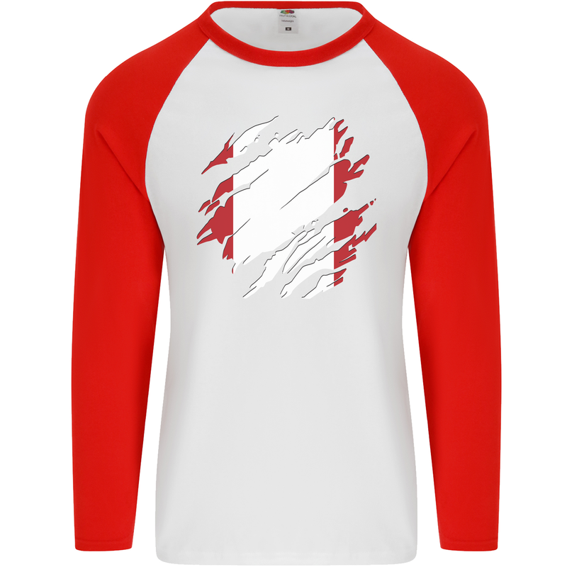 Torn Peru Flag Peruvian Day Football Mens L/S Baseball T-Shirt White/Red