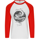 Japanese Fantasy Dragon Sun Background Mens L/S Baseball T-Shirt White/Red