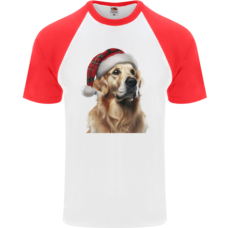 Christmas Golden Retriever Tartan Xmas Hat Dog Mens S/S Baseball T-Shirt White/Red