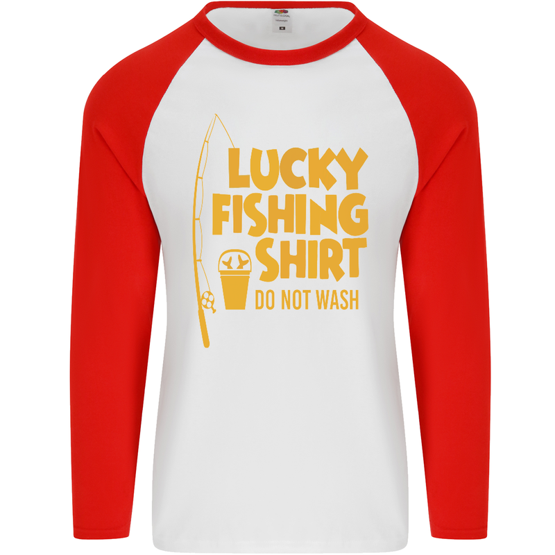 Lucky Fishing Fisherman Funny Mens L/S Baseball T-Shirt White/Red