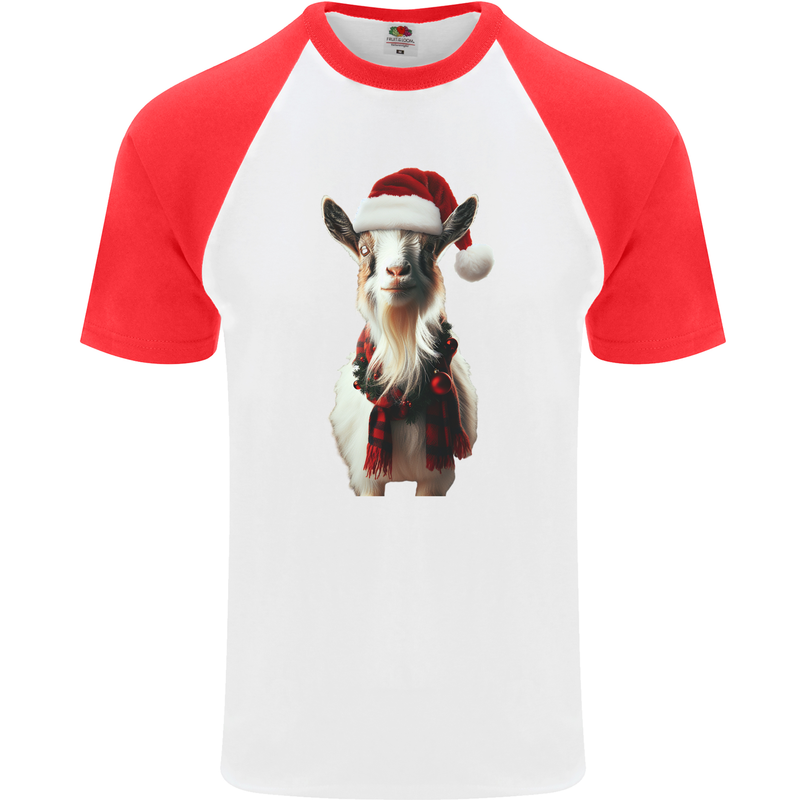 Christmas Goat Wearing  an Xmas Hat Mens S/S Baseball T-Shirt White/Red