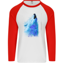 Watercolour Wolf Mens L/S Baseball T-Shirt White/Red