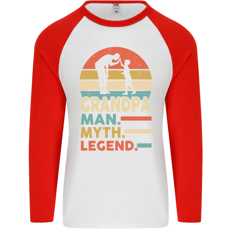 Grandpa Man Myth Legend Funny Fathers Day Mens L/S Baseball T-Shirt White/Red