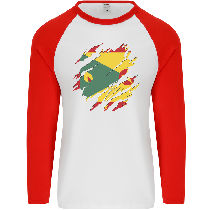 Torn Grenada Flag Grenadians Day Football Mens L/S Baseball T-Shirt White/Red