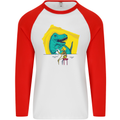 T-Rex Wrestling a Skeleton Dinosaurs Skull Mens L/S Baseball T-Shirt White/Red