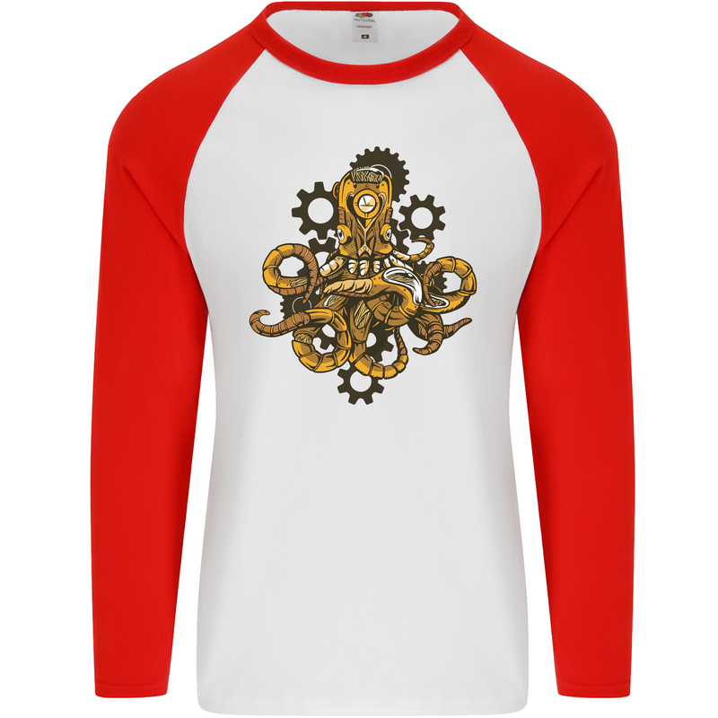 Steampunk Octopus Scuba Diving Cthulhu Mens L/S Baseball T-Shirt White/Red