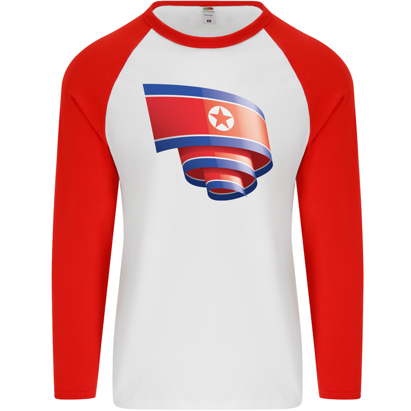 Curled North Korea Flag Korean Day Football Mens L/S Baseball T-Shirt White/Red