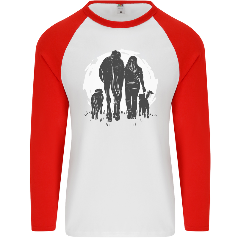 A Horse and Dogs Equestrian Riding Rider Mens L/S Baseball T-Shirt White/Red