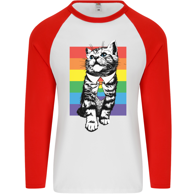 LGBT Cat Gay Pride Day Awareness Mens L/S Baseball T-Shirt White/Red