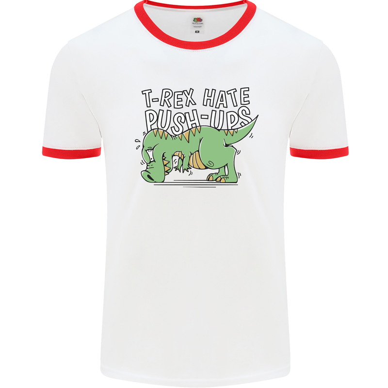 T-Rex Hates Pushups Dinosaur Funny Mens Ringer T-Shirt White/Red