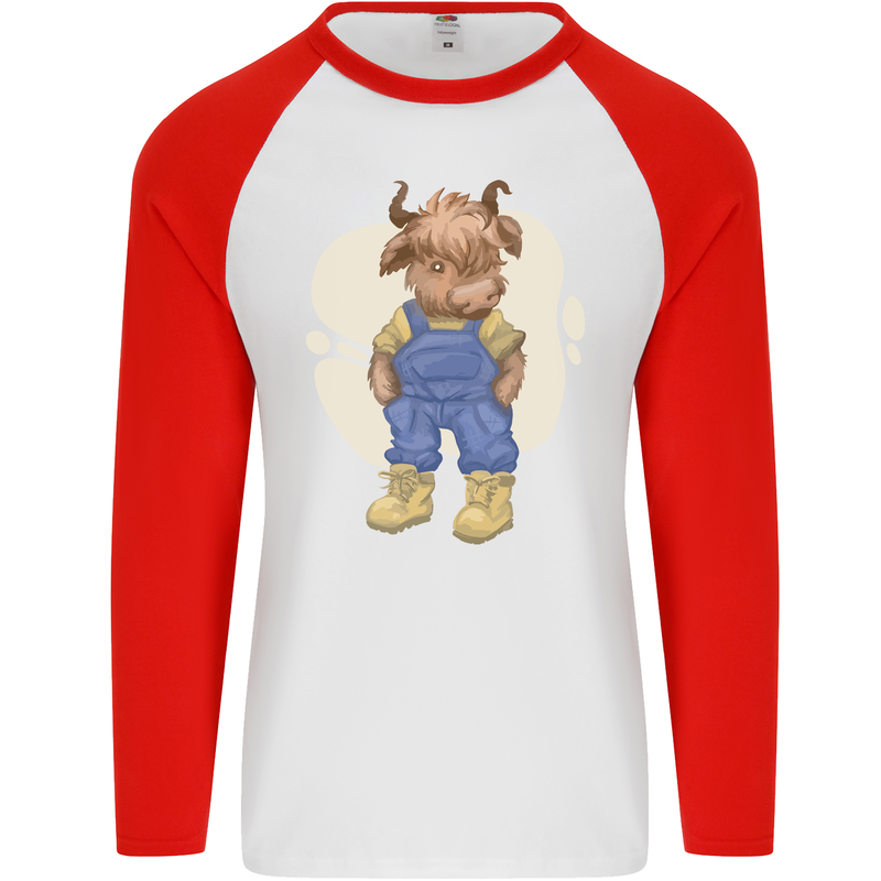 An Infant Highland Cow Cattle Bull Mens L/S Baseball T-Shirt White/Red
