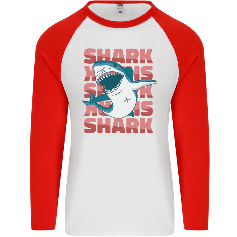 A Great White Shark Mens L/S Baseball T-Shirt White/Red