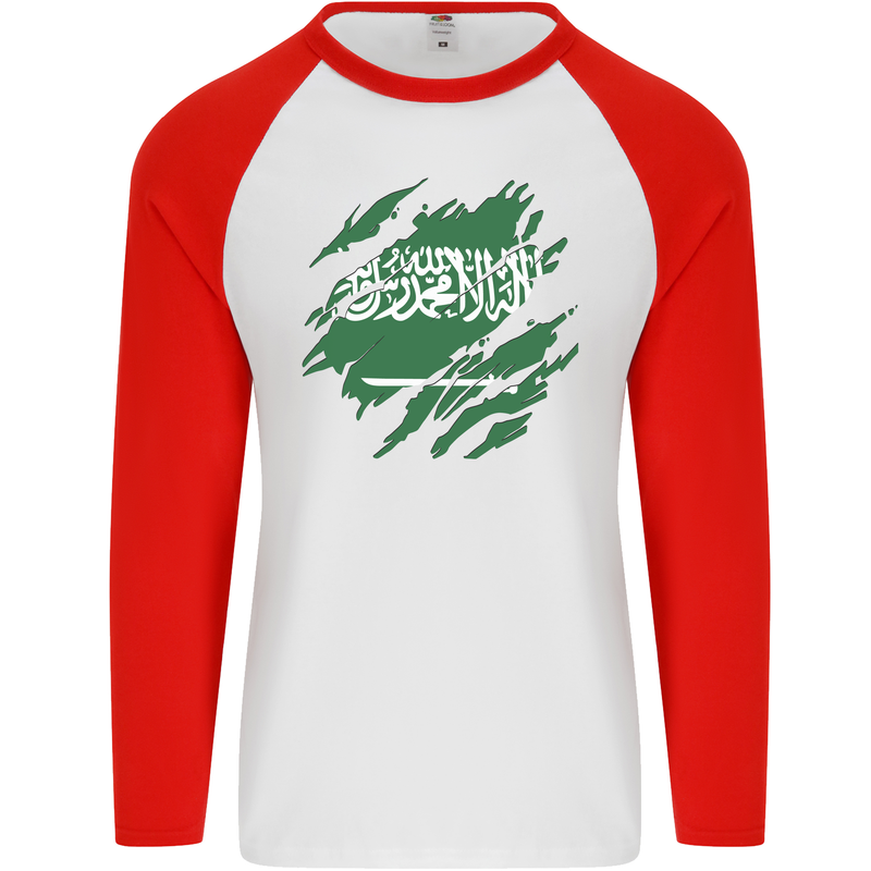 Torn Saudi Arabia Flag Arabian Day Football Mens L/S Baseball T-Shirt White/Red