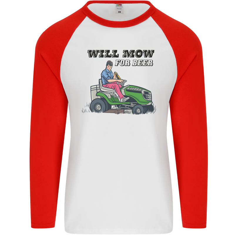 Will Mo the Lawn For Beer Funny Alcohol Mens L/S Baseball T-Shirt White/Red