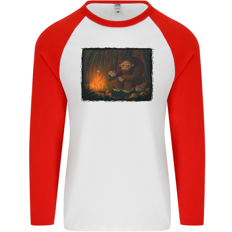 Bigfoot Camping and Cooking Marshmallows Mens L/S Baseball T-Shirt White/Red